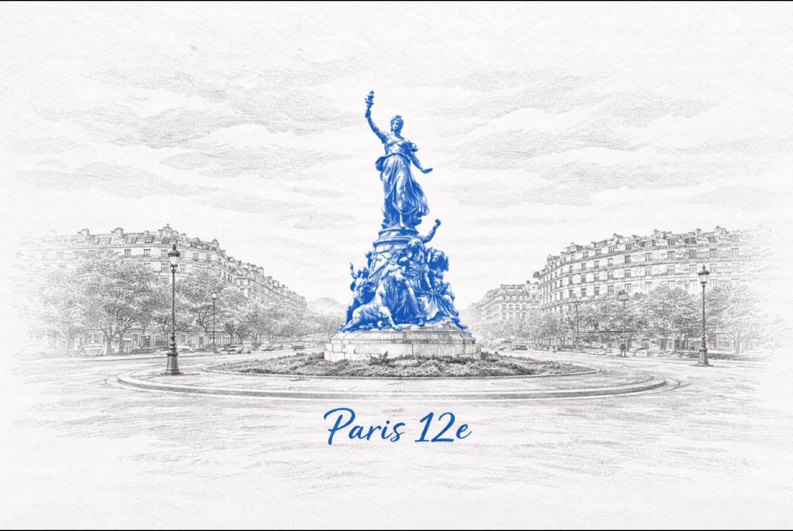 Croquis à l’encre bleue de la statue du Triomphe de la République, place de la Nation, à deux pas de Ty Louis dans le 12ᵉ