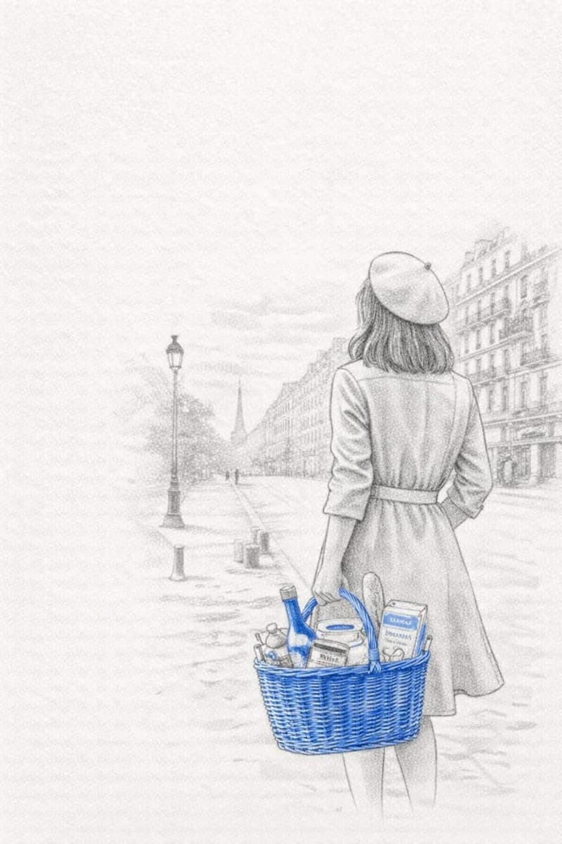 Croquis d’une Parisienne en béret portant un panier de produits bretons