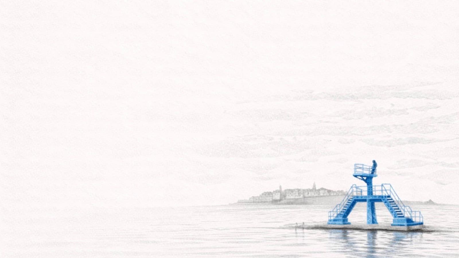 Croquis à l’encre bleue du plongeoir de la plage de Bon-Secours à Saint-Malo