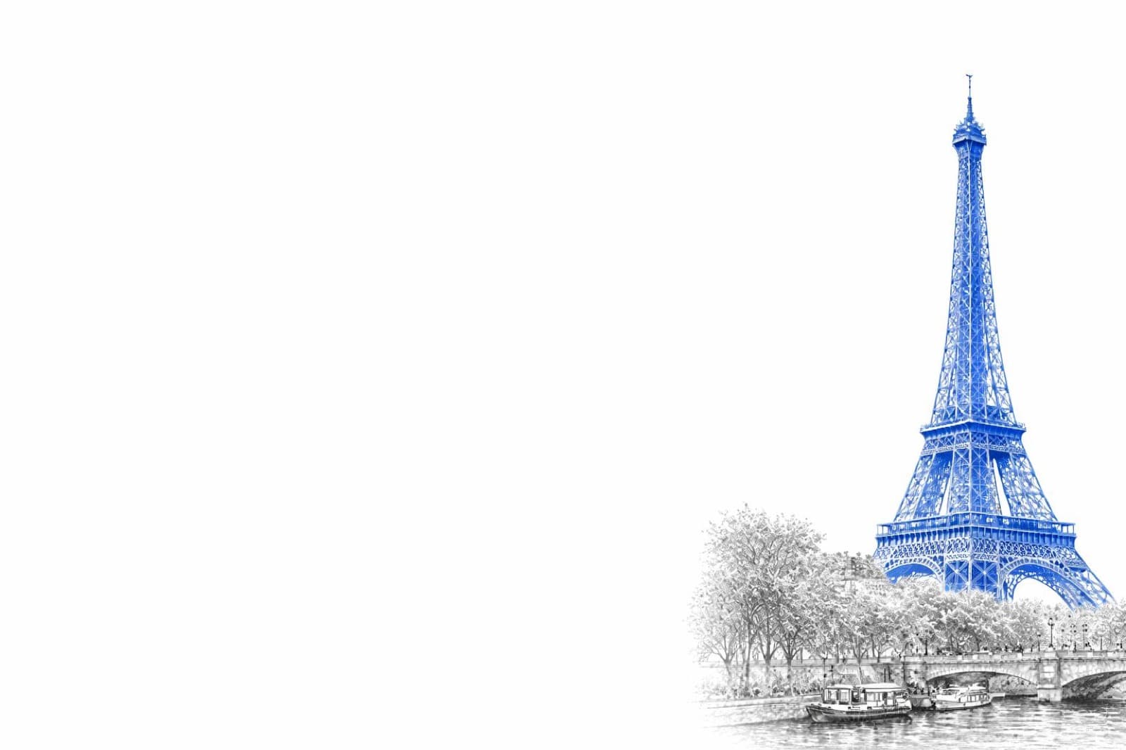 Croquis à l’encre bleue de la tour Eiffel et de la Seine
