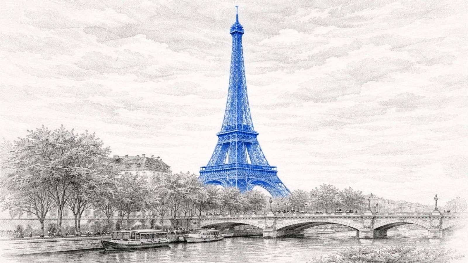 Croquis à l’encre bleue de la tour Eiffel au bord de la Seine