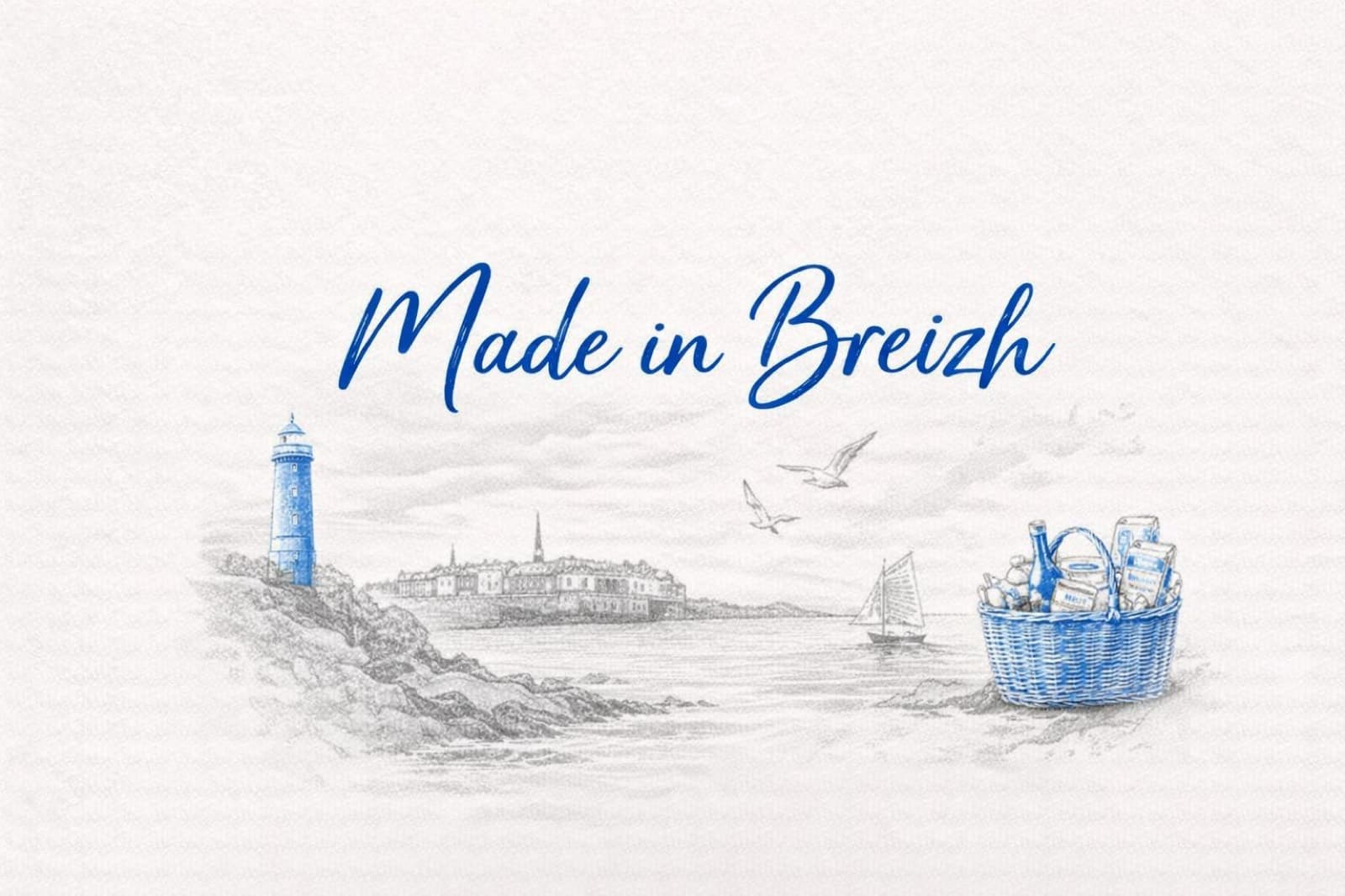 Illustration « Made in Breizh » : panier de produits bretons devant la côte bretonne