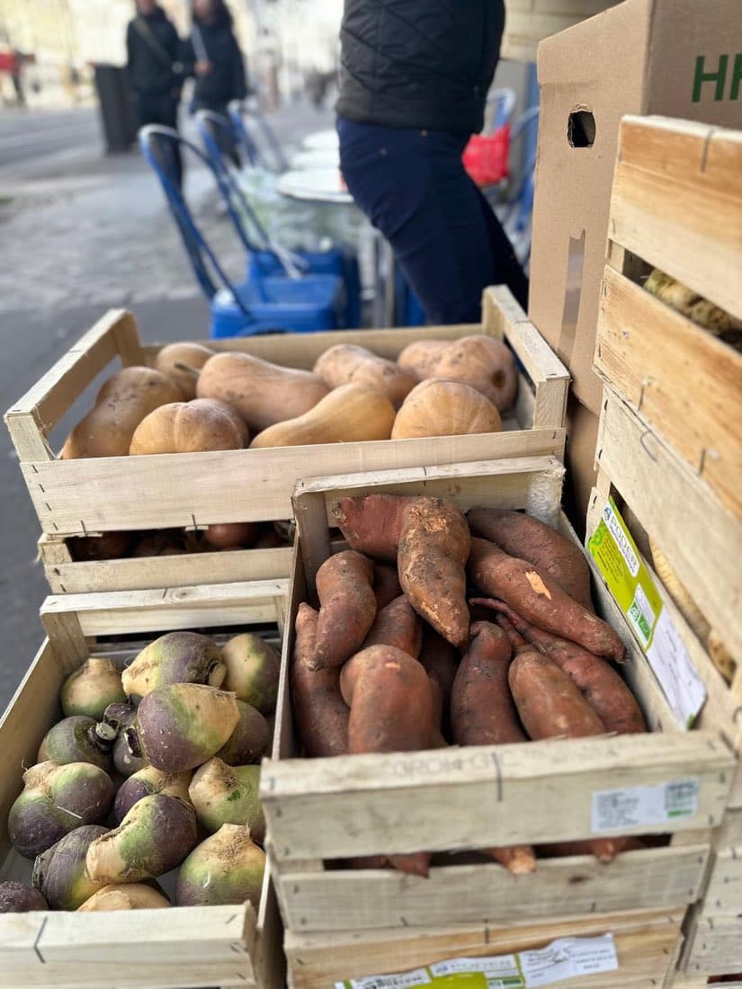 Cagettes de courges, patates douces et navets bio sur un marché breton